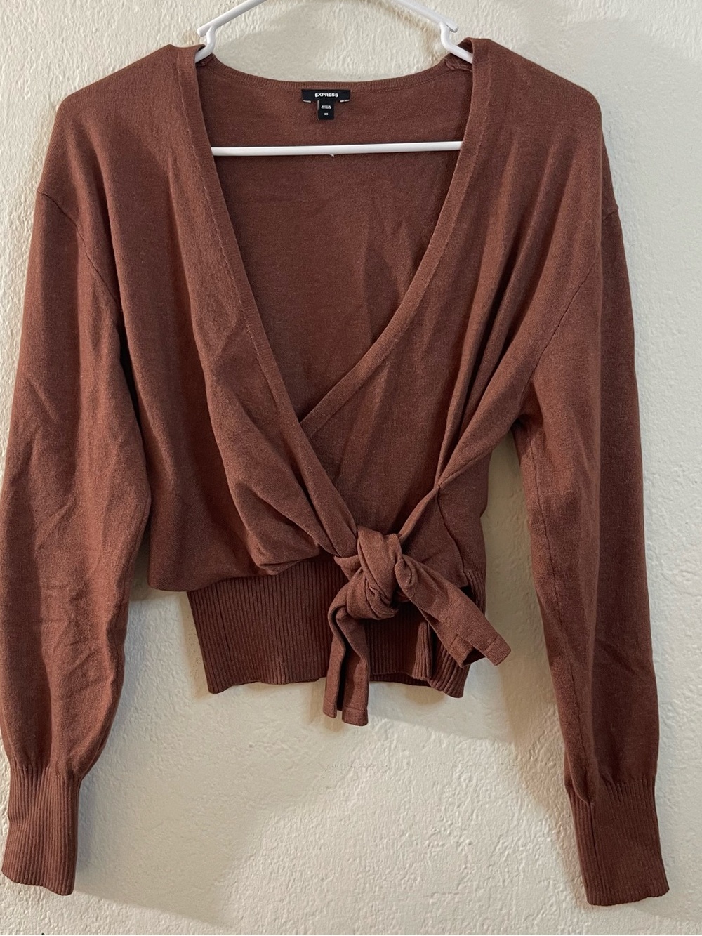 Express Rust-Brown Wrap Tie Front Knit Top Women Size XS Lightweight